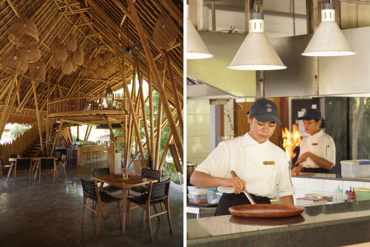 Interior dari Makan Dulu Restaurant; murid binaan Sumba Hospitality Foundation berkontribusi menjadi pekerja industri wisata, termasuk restoran.