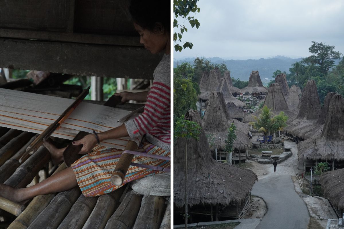 Warga lokal kampung Praijing menenun di teras rumah tradisional; keindahan kampung Praijing dari atas.