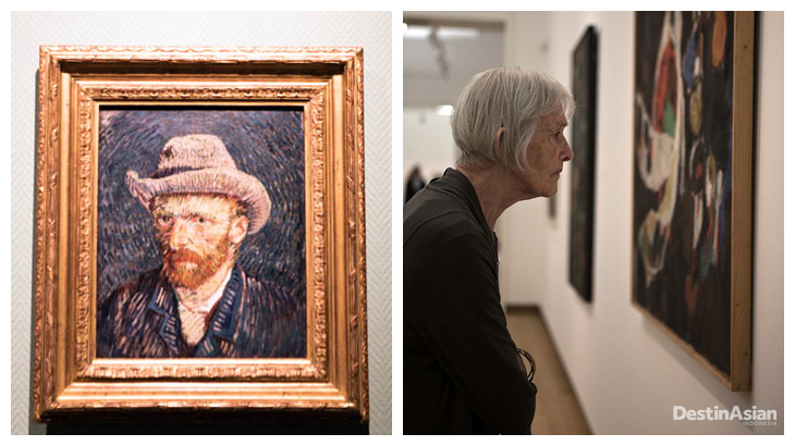 Kiri-kanan: Lukisan selfie karya Van Gogh yang tersohor; seorang pengunjung di Museum Stedelijk.