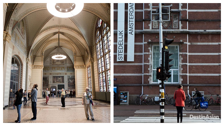Kiri-kanan: Interior Rijksmuseum pasca-renovasi; fasad Museum Stedelijk.