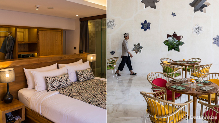 Kiri: kamar dengan sentuhan batik; kanan: restoran dengan interior cantik.