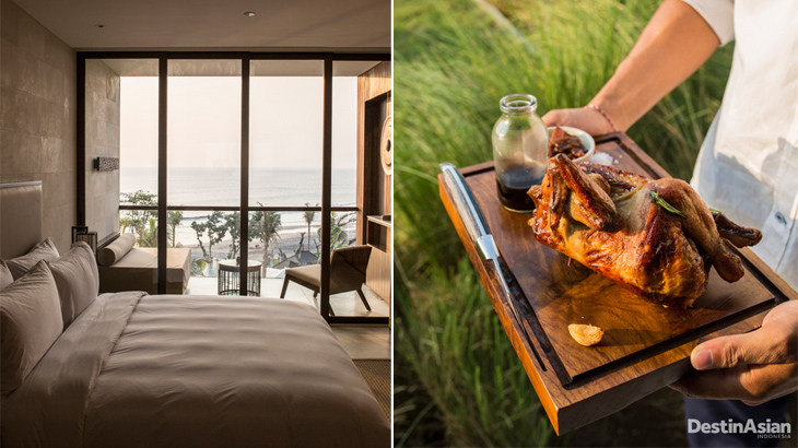 Kiri: kamar Suite di lengkap dengan balkon privat; kanan: hidangan bebek khas Alila Seminyak.
