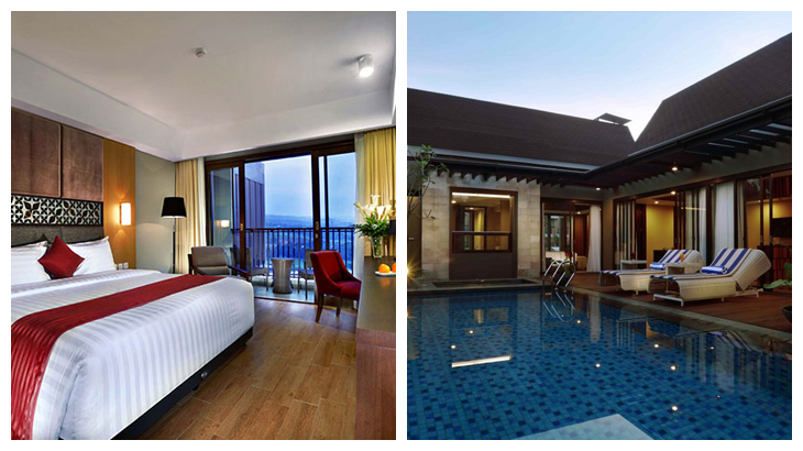 Kiri-kanan: Interior kamar yang minimalis dan modern; kolam privat di vila.