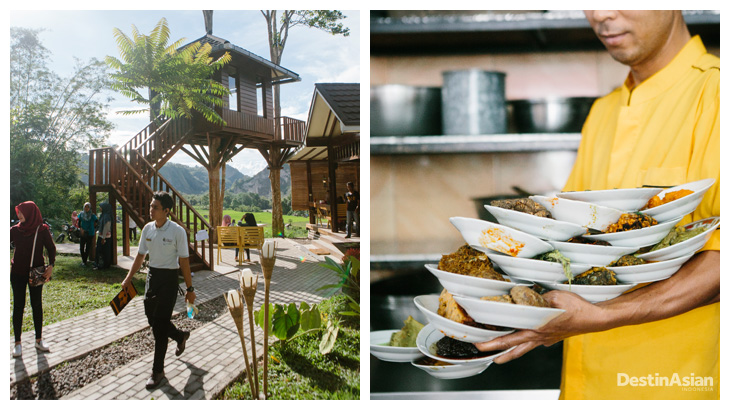 Kiri-kanan: Suasana senja di Rumah Pohon Abdul, restoran milik pengusaha lokal Abu Abdullah; pramusaji di Rumah Makan Simpang Raya, Bukittinggi.
