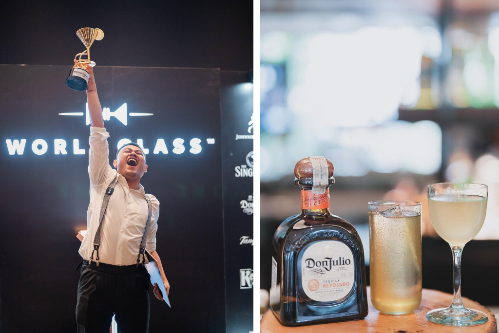 Anggota tim Bartender Syrco BASÈ, Aris Sanjaya, bersorak merayakan gelar juara satu di Diageo WORLD CLASS Indonesia 2024.