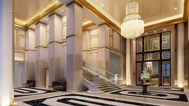 Kiri-kanan: Area concierge; Tangga megah di lobi.