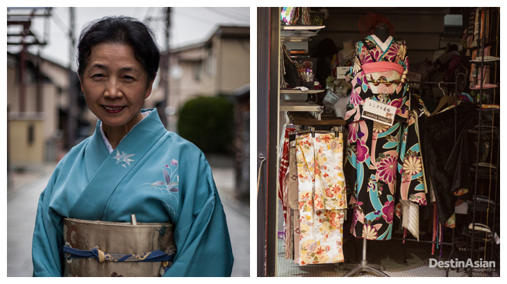 Kiri-kanan: Michi Ogawa, staf Women Association of Kyoto); Kimono yang dijual di Pasar Nishiki, Kyoto.