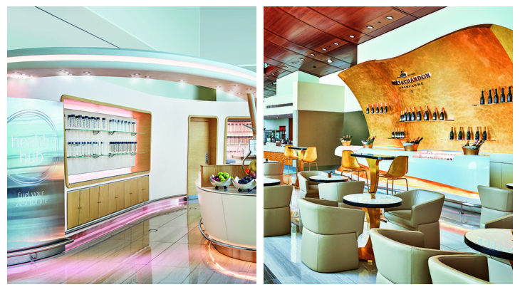 Kiri-kanan: Sentra makanan sehat persembahan Voss; Lounge khusus dari Moet & Chandon.