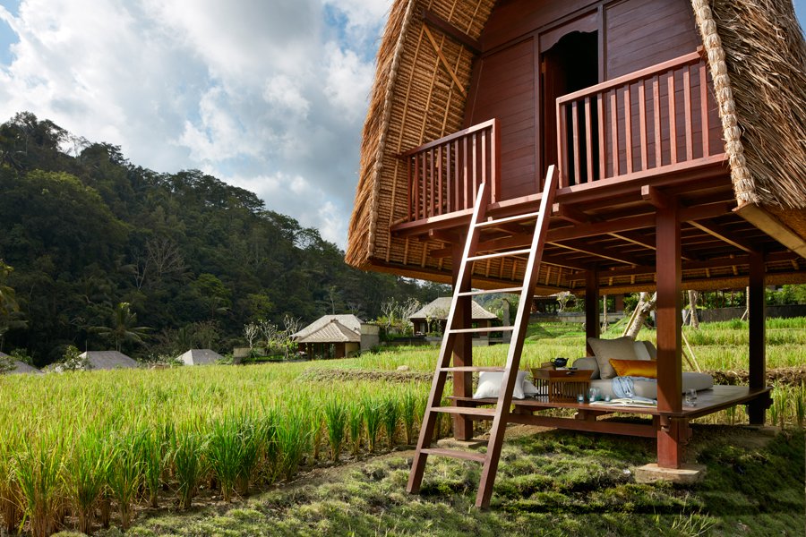 Lumbung di tengah-tengah sawah untuk bersantai tamu.