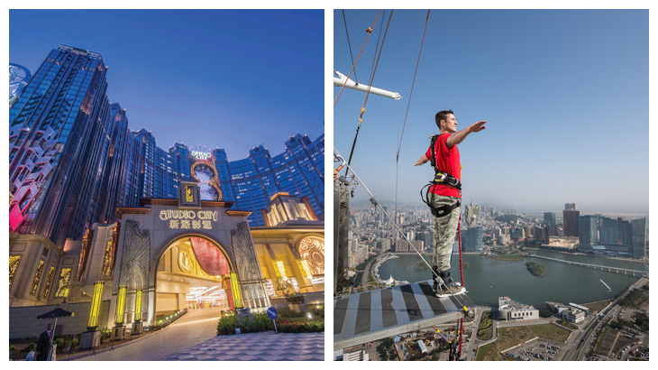 Dari kiri ke kanan: Studio City, kompleks hiburan baru di Makau; Atraksi bungee jumping di Macau Tower.