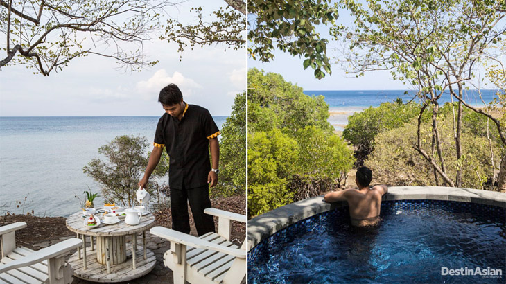 Kiri: menikmati sesi afternoon tea sambil melihat pemandangan hutan dan laut; kanan: plunge pool yang tersedia di tiap vila.