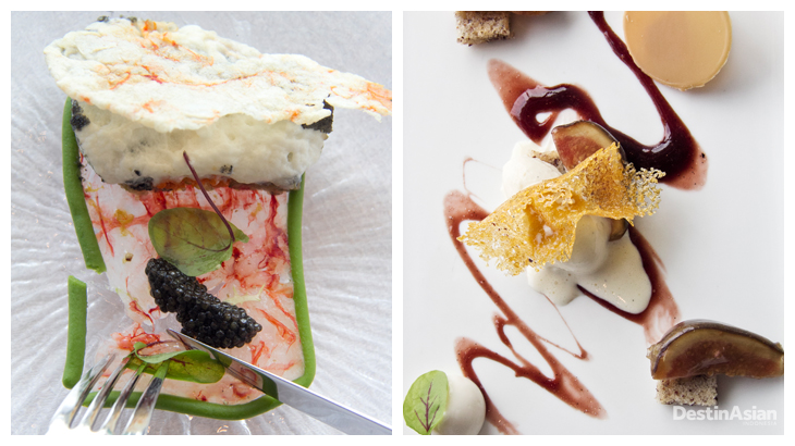 Kiri-kanan: Sea tiramisu, hidangan unik dari Tosca; sajian Italia modern lainnya di Tosca, restoran penyandang bintang Michelin sejak 2013.