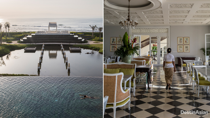 Kiri: kolam renang luas dengan pemandangan pantai; kanan: interior The Dining Room, satu-satunya restoran di Rumah Luwih.