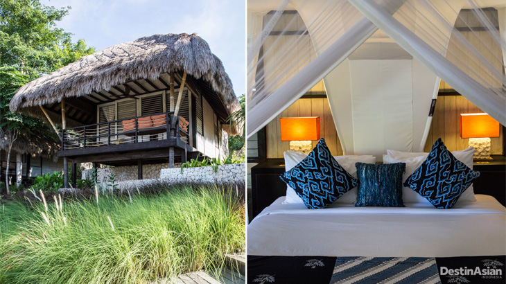 Kiri: akomodasi tipe Paviliun; kanan: desain tempat tidur yang unik dengan AC di atasnya.