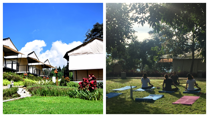Kiri-kanan: Tenda-tenda di Trizara; Sesi yoga pagi hari di Trizara.
