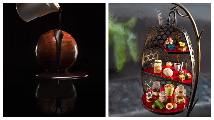 Kiri-kanan: Hidangan pencuci mulut chocolate melting sphere; Aneka camilan dalam afternoon tea Mad T-Party.
