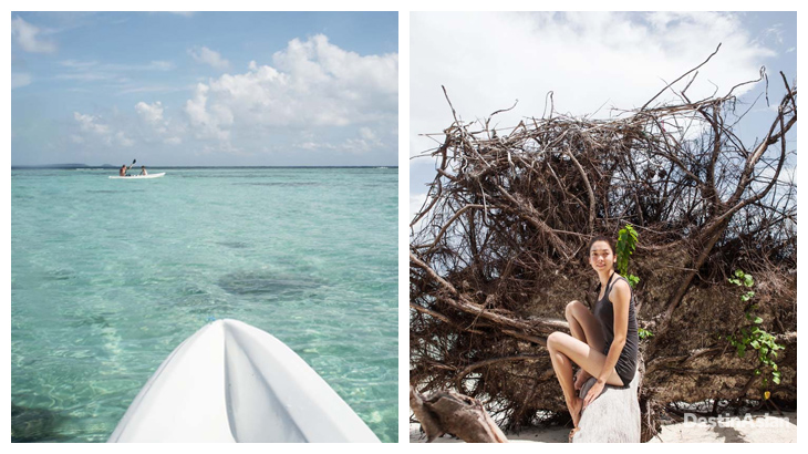 Kiri-kanan: Bermain kayak di Kura-Kura Resort; Seorang turis di Karimunjawa.