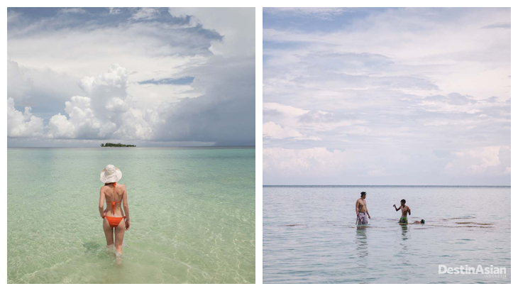 Kiri-kanan: Turis di Pulau Geleang; Turis tengah melakukan snorkeling, aktivitas paling populer di Karimunjawa.