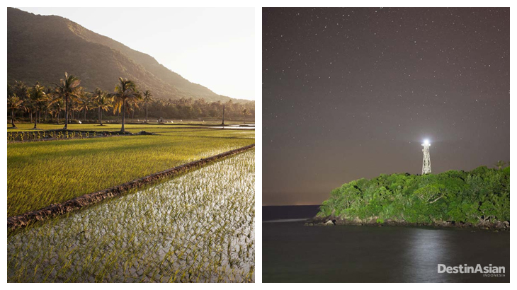 Kiri-kanan: Sawah di Desa Kemujan; Mercusuar di tebing Pantai Nirwana.