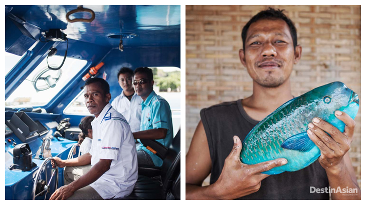 Kiri-kanan: Kokpit kapal Cantika Express yang membawa penumpang dari Jepara ke Karimunjawa; Nelayan dengan salah satu tangkapannya.