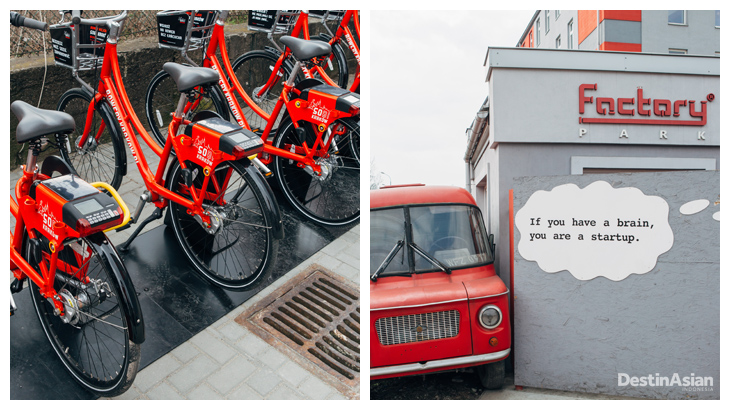 Kiri-kanan: Sepeda listrik tenaga surya yang bisa dipesan menggunakan aplikasi ponsel pintar; Factory Park, tempat lahirnya startup di Krakow.