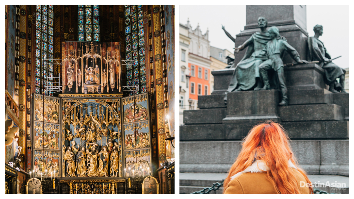 Kiri-kanan: Interior Gereja St. Mary Basilica; Monumen di Alun-Alun Krakow.