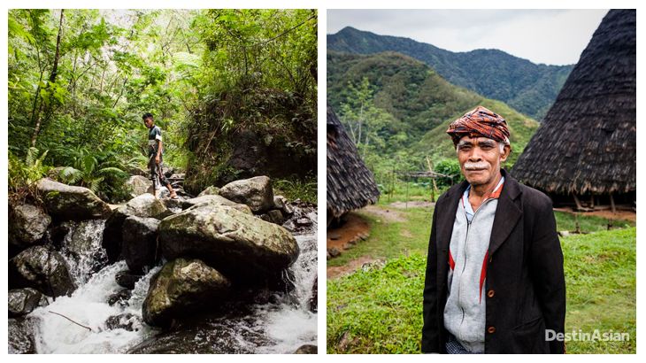 Kiri-kanan: Seorang pemuda berjalan melewati Sungai Wae Rebo yang menjadi cikal bakal kampung adat Wae Rebo; Thomas Pakur seorang dukun di kampung adat Wae Rebo.